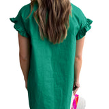 Bright Green Shirred Ruffle Sleeve Button Up Short Dress
