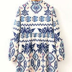 Blue Ethnic Print Striped Split Neck Long Sleeve Flowy Mini Dress