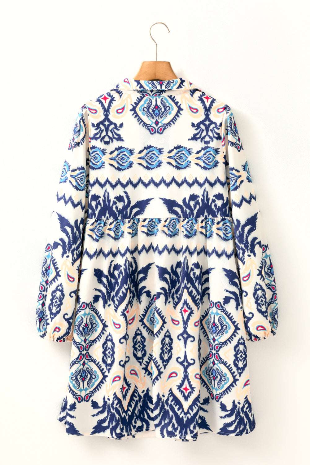 Blue Ethnic Print Striped Split Neck Long Sleeve Flowy Mini Dress