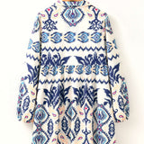 Blue Ethnic Print Striped Split Neck Long Sleeve Flowy Mini Dress