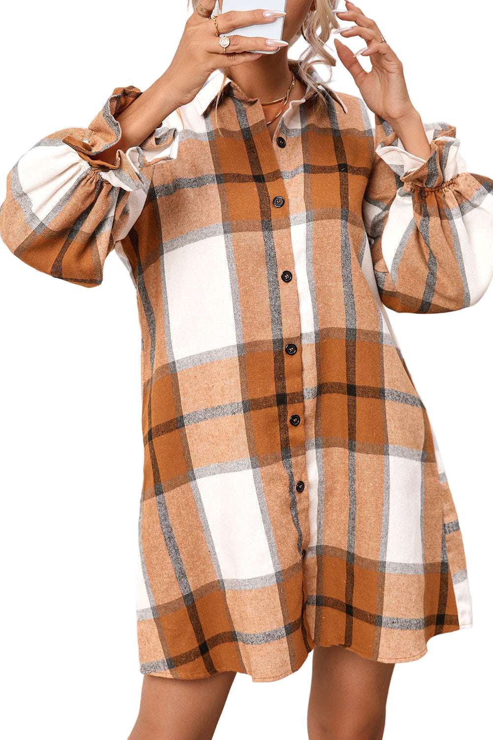 Khaki Plaid Pattern Collared Neck Ruffled Sleeve Shirt Dress