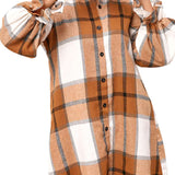 Khaki Plaid Pattern Collared Neck Ruffled Sleeve Shirt Dress