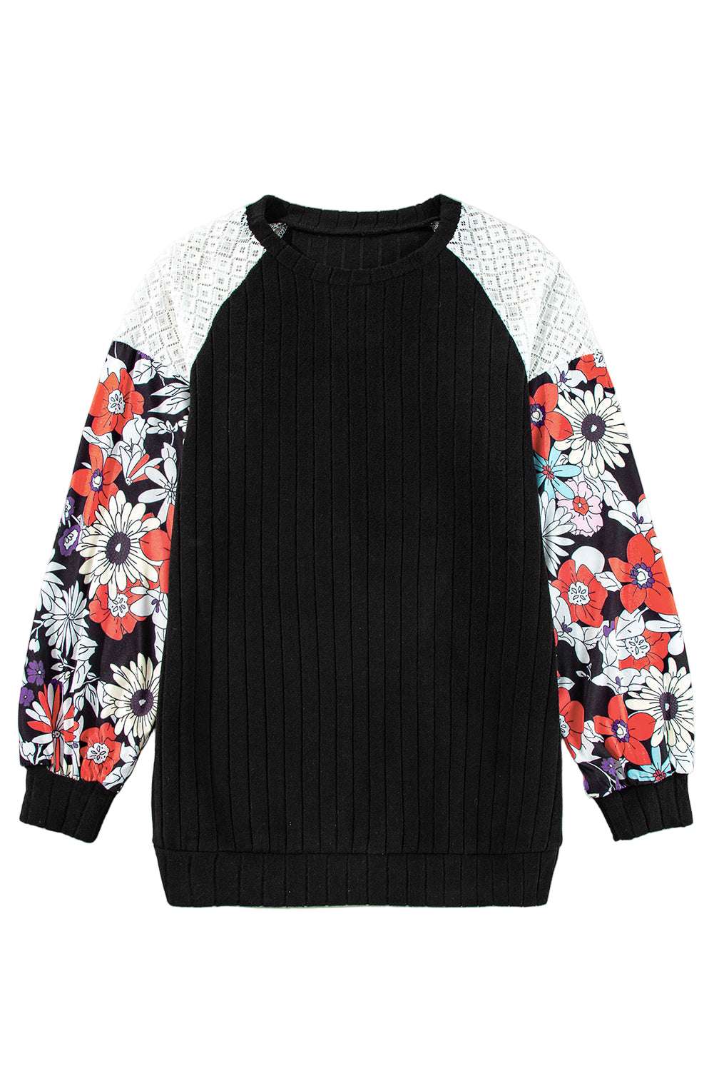 Laurel Green Floral Patchwork Long Sleeve Ribbed Blouse