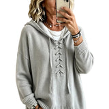 Lace-Up V-Neck Hooded Knit Sweater | Drop Shoulder Oversized Pullover