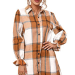 Khaki Plaid Pattern Collared Neck Ruffled Sleeve Shirt Dress