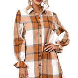 Khaki Plaid Pattern Collared Neck Ruffled Sleeve Shirt Dress