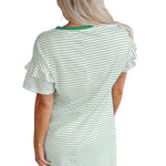 White Stripe Ruffled Short Sleeve Crew Neck T Shirt Shift Mini Dress