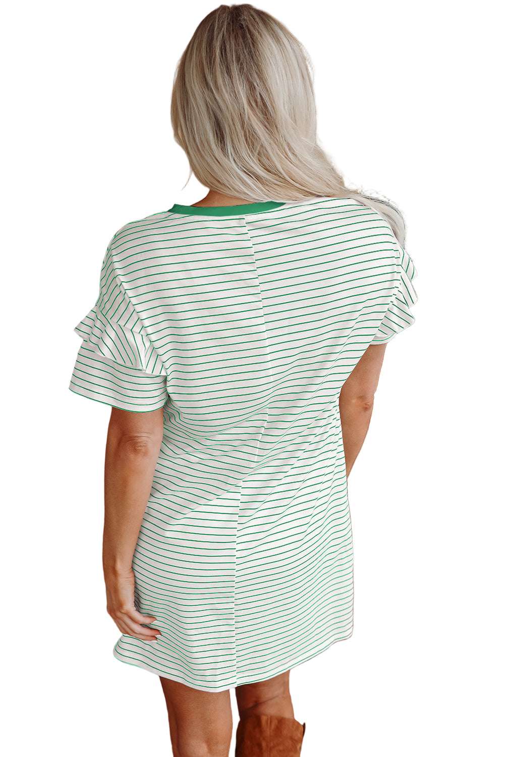 White Stripe Ruffled Short Sleeve Crew Neck T Shirt Shift Mini Dress