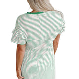 White Stripe Ruffled Short Sleeve Crew Neck T Shirt Shift Mini Dress