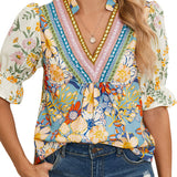 Multicolour Half Sleeve Boho Floral Pop of Color Neckline Blouse