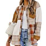 Orange Plaid Color Block Patchwork Shirt Jacket with Pocket