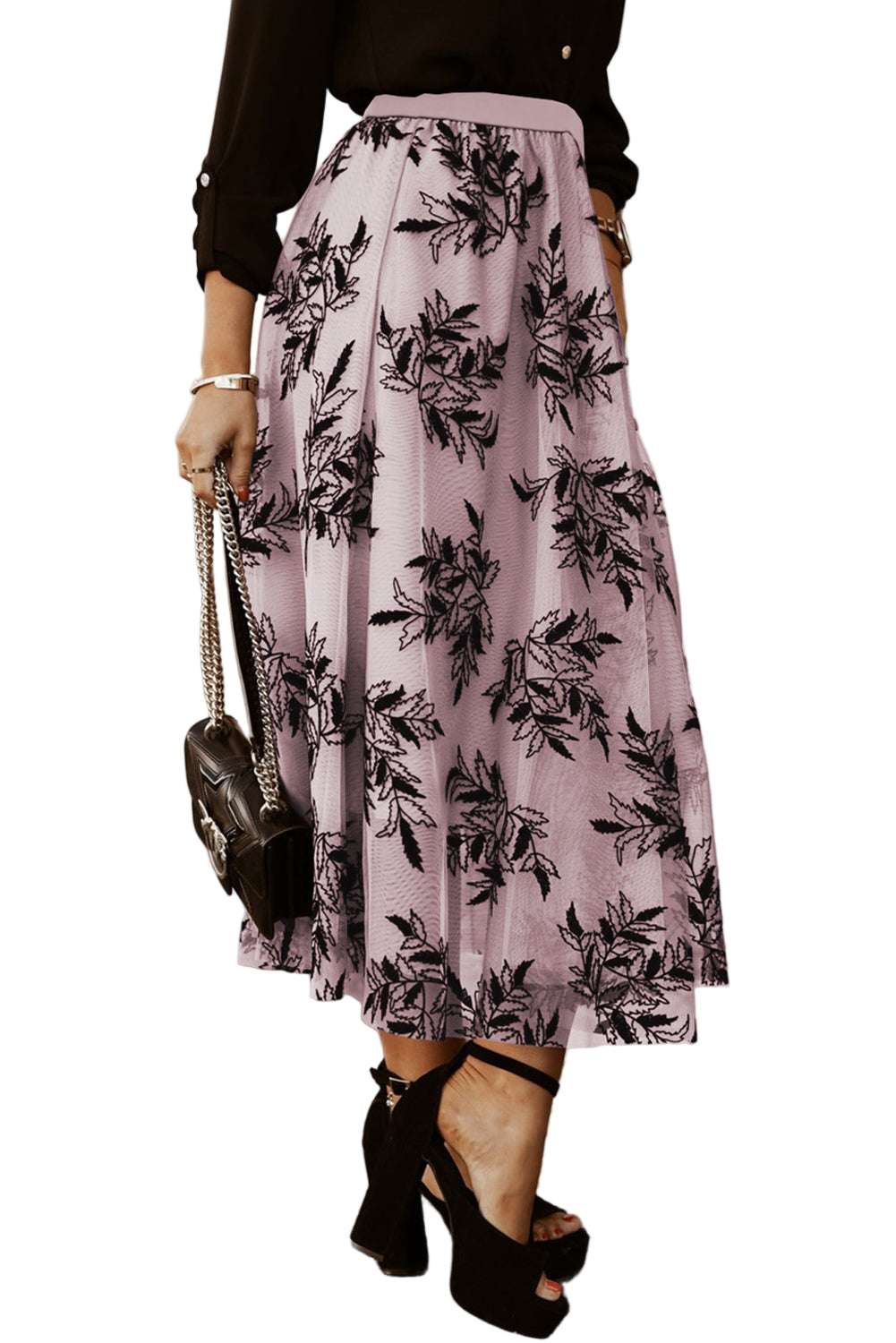 Peach Blossom Floral Leaves Embroidered High Waist Maxi Skirt