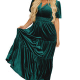 Red Dahlia Velvet Short Sleeve Shirred Waist Tiered Maxi Dress
