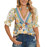 Multicolour Half Sleeve Boho Floral Pop of Color Neckline Blouse