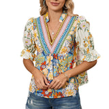 Multicolour Half Sleeve Boho Floral Pop of Color Neckline Blouse