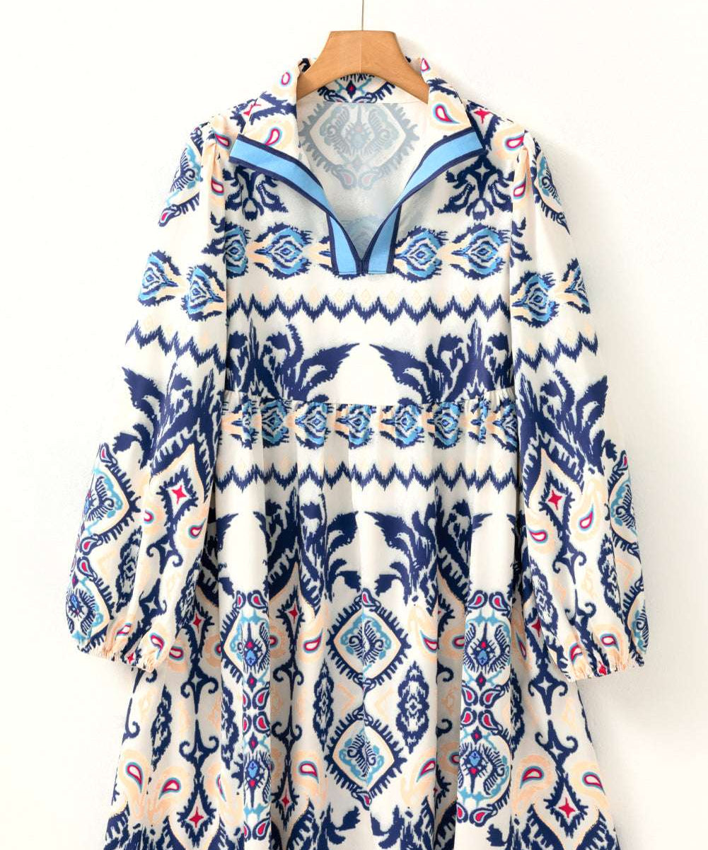 Blue Ethnic Print Striped Split Neck Long Sleeve Flowy Mini Dress