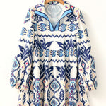 Blue Ethnic Print Striped Split Neck Long Sleeve Flowy Mini Dress