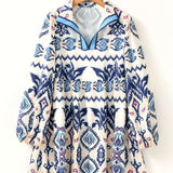 Blue Ethnic Print Striped Split Neck Long Sleeve Flowy Mini Dress