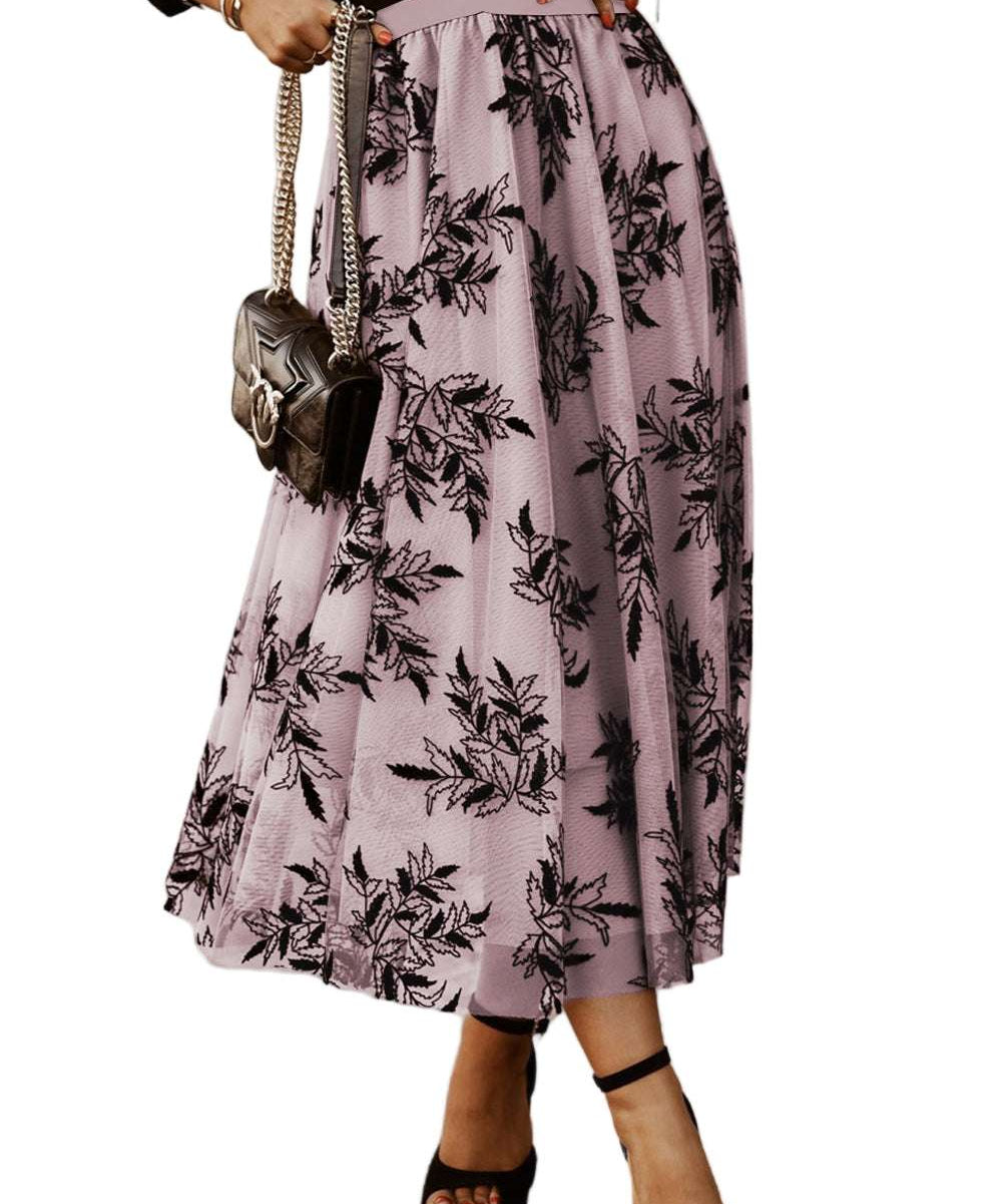 Peach Blossom Floral Leaves Embroidered High Waist Maxi Skirt