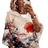 Women's Graphic Print Drawstring Hoodie – Three-Quarter Sleeves