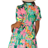 Green Floral Puff Sleeve Collar Buttoned Babydoll Dress