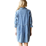 Women's Three-Quarter Sleeve Denim Dress – Ruffle Detail Mid-Length