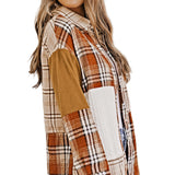 Orange Plaid Color Block Patchwork Shirt Jacket with Pocket