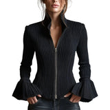 Women's Slim-Fit Rib-Knit Zip-Up Top with Flared Cuffs