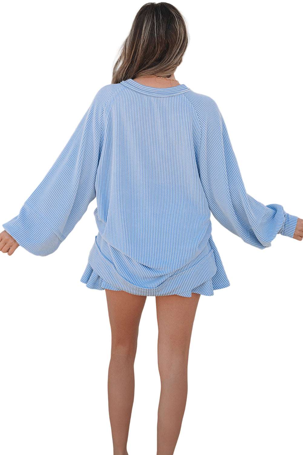 Jet Stream Corded Lantern Sleeve Top High Waist Ruffled Mini Skirt Set