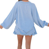 Jet Stream Corded Lantern Sleeve Top High Waist Ruffled Mini Skirt Set