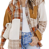 Orange Plaid Color Block Patchwork Shirt Jacket with Pocket