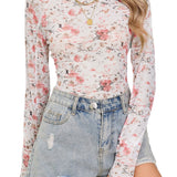 Pink Floral Print Mesh Mock Neck Slim Blouse