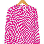 Black Checkered Pattern Mesh Mock Neck Long Sleeve Top