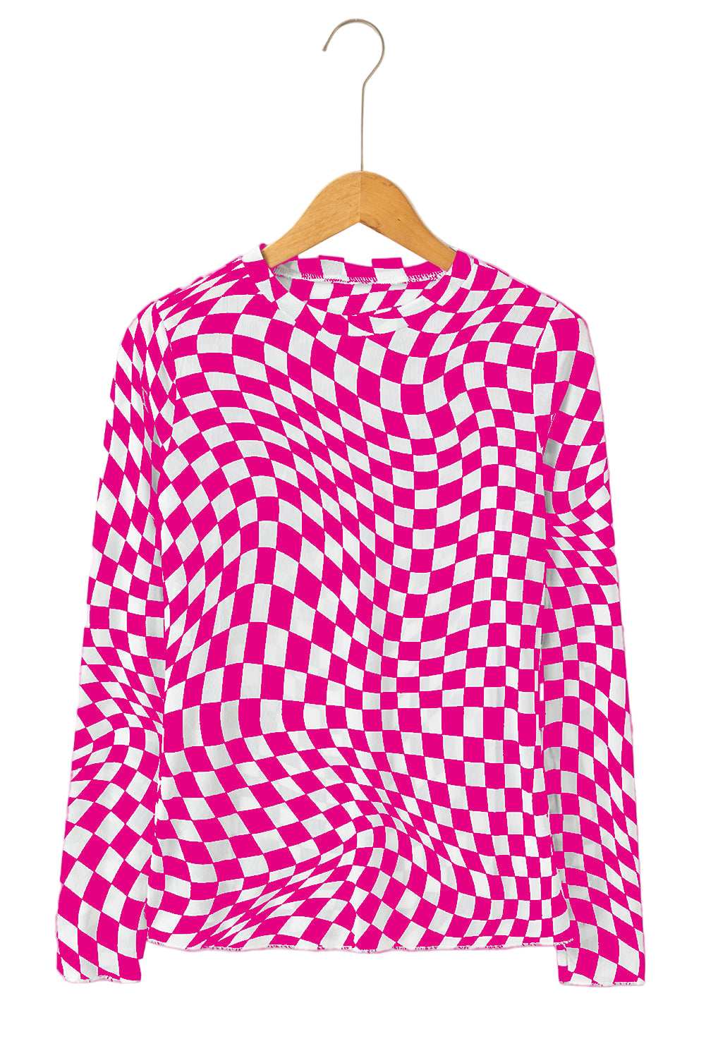 Black Checkered Pattern Mesh Mock Neck Long Sleeve Top