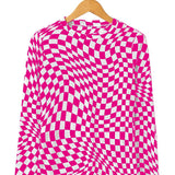 Black Checkered Pattern Mesh Mock Neck Long Sleeve Top