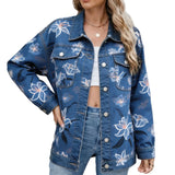 Botanical Print Drop-Shoulder Denim Jacket