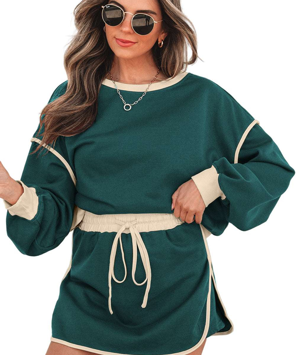 Black Color Contrast Loose Pullover and Lace-up Waist Skort Set