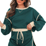 Black Color Contrast Loose Pullover and Lace-up Waist Skort Set