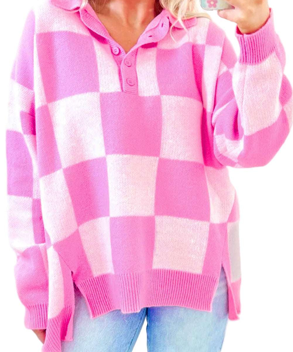 Pink Checkerboard Half Button Collared Drop Shoulder Sweater