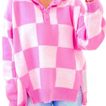 Pink Checkerboard Half Button Collared Drop Shoulder Sweater