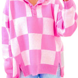 Pink Checkerboard Half Button Collared Drop Shoulder Sweater