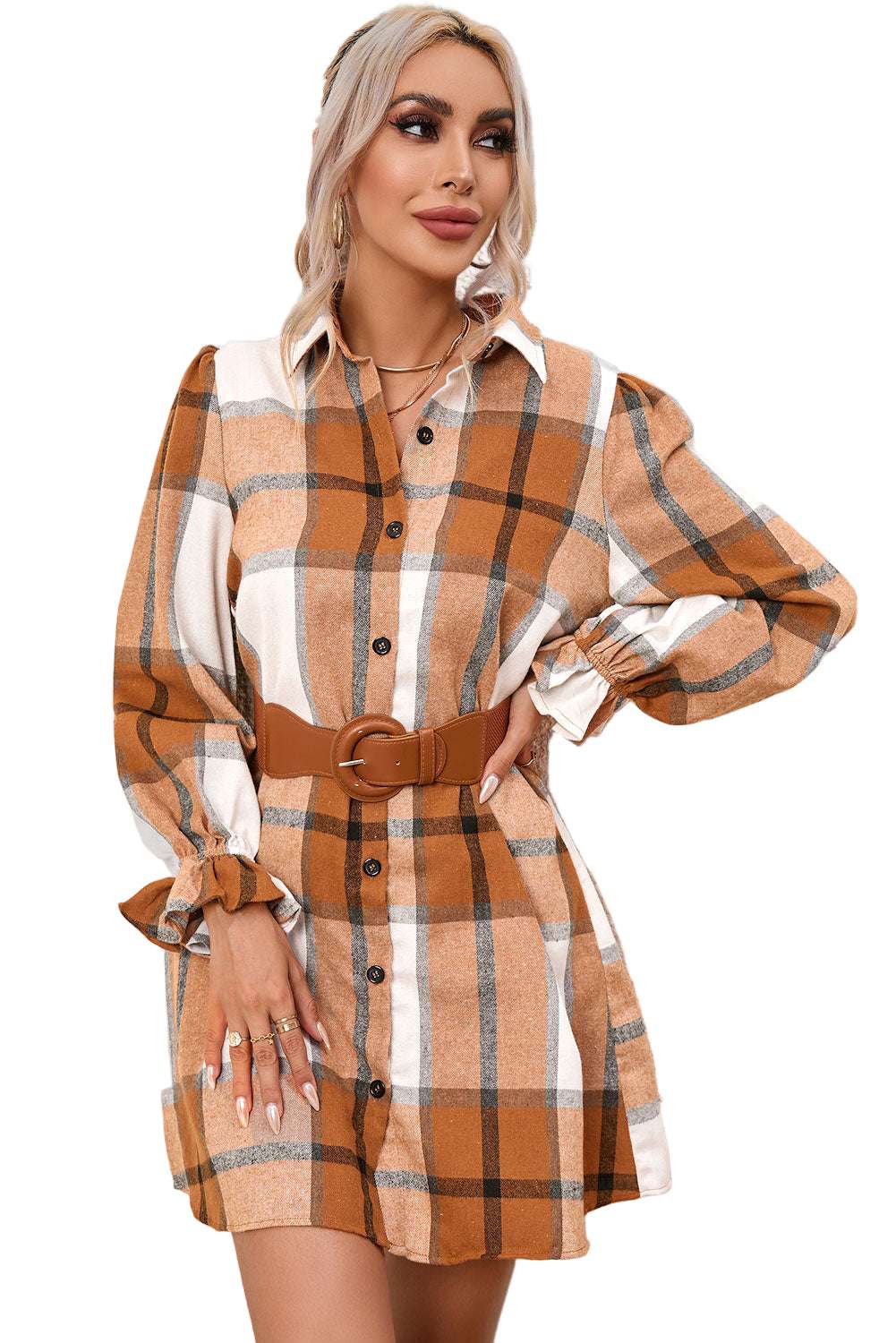 Khaki Plaid Pattern Collared Neck Ruffled Sleeve Shirt Dress