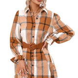 Khaki Plaid Pattern Collared Neck Ruffled Sleeve Shirt Dress