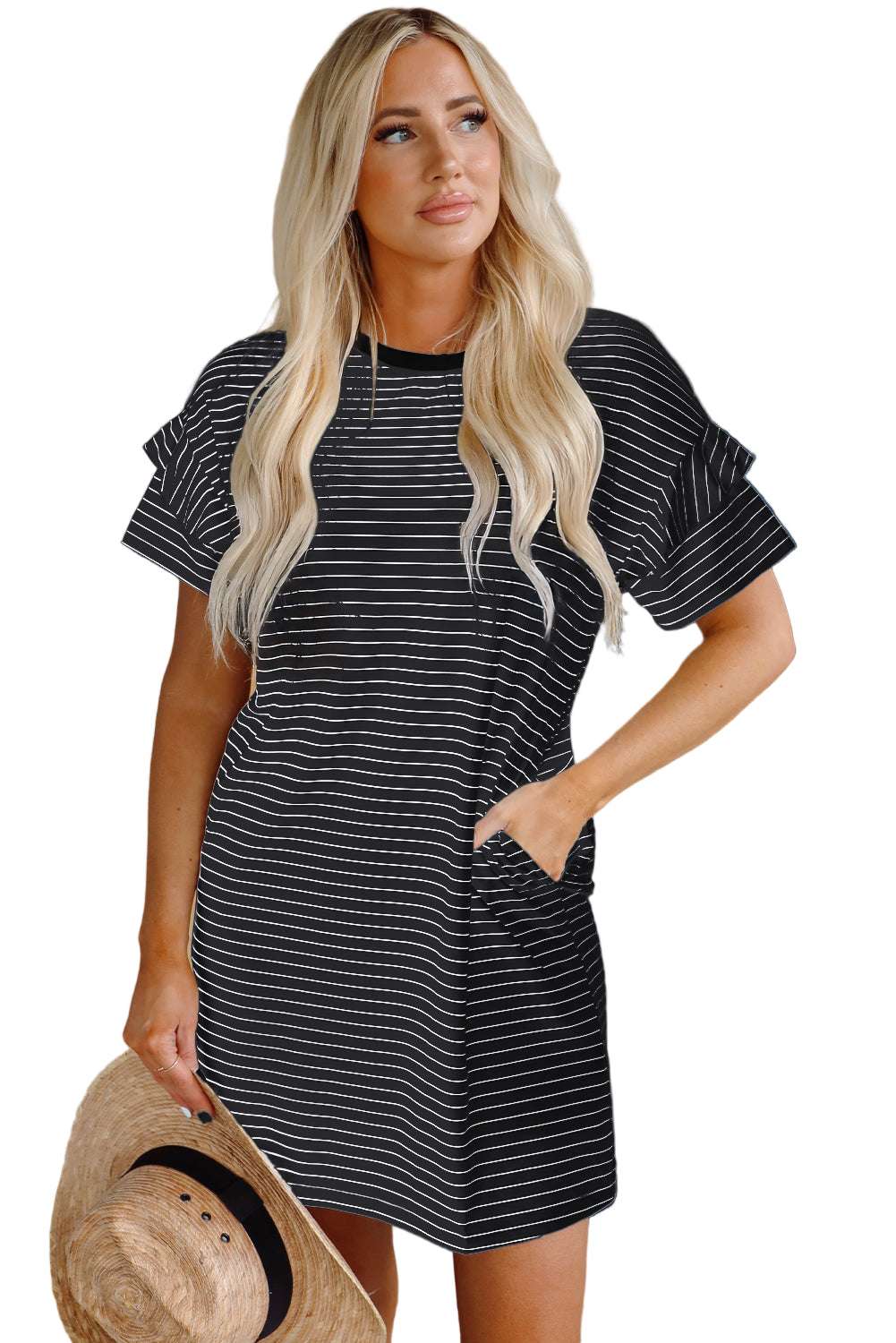 White Stripe Ruffled Short Sleeve Crew Neck T Shirt Shift Mini Dress