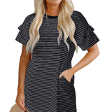 White Stripe Ruffled Short Sleeve Crew Neck T Shirt Shift Mini Dress