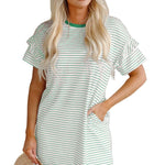 White Stripe Ruffled Short Sleeve Crew Neck T Shirt Shift Mini Dress