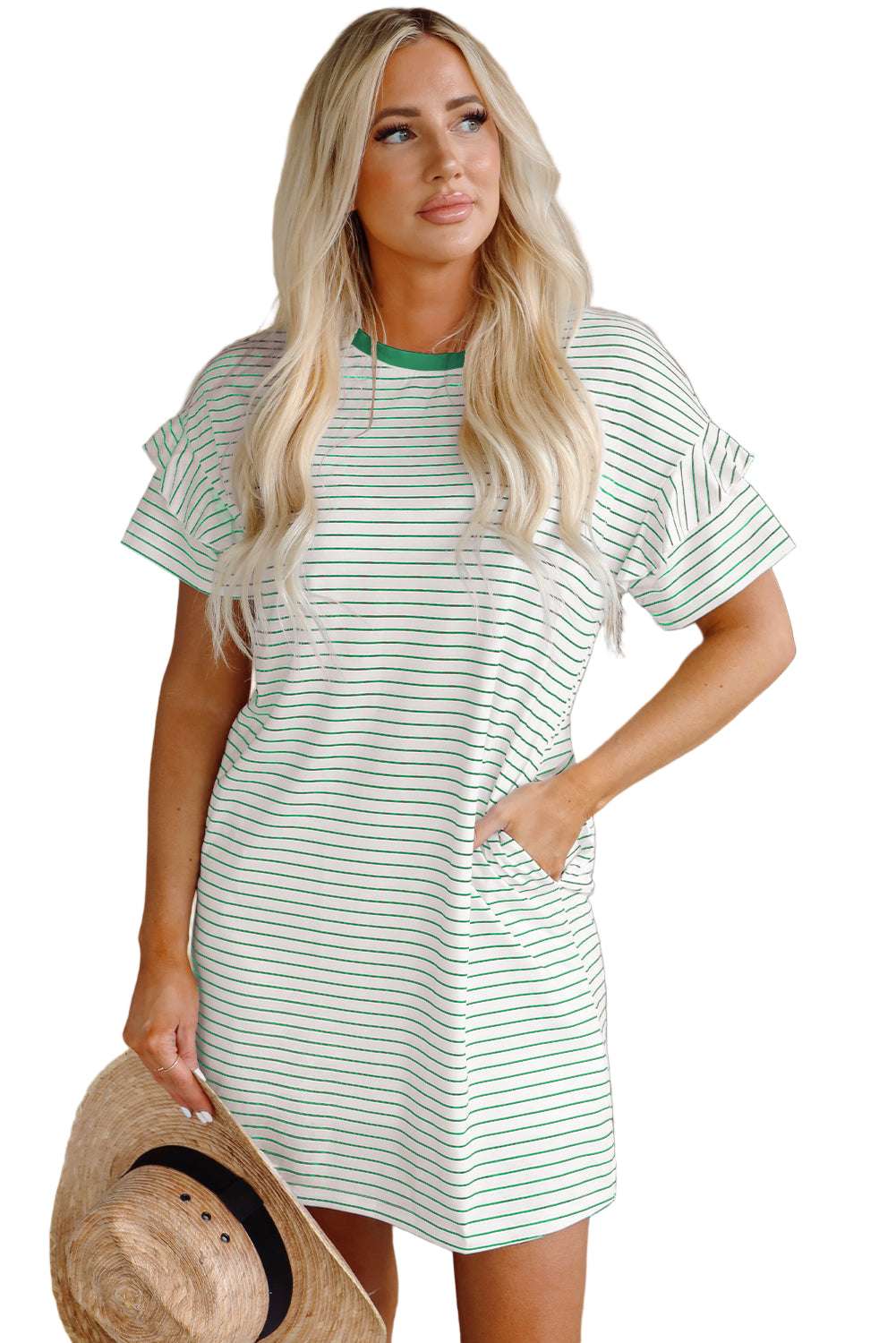 White Stripe Ruffled Short Sleeve Crew Neck T Shirt Shift Mini Dress