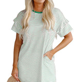 White Stripe Ruffled Short Sleeve Crew Neck T Shirt Shift Mini Dress