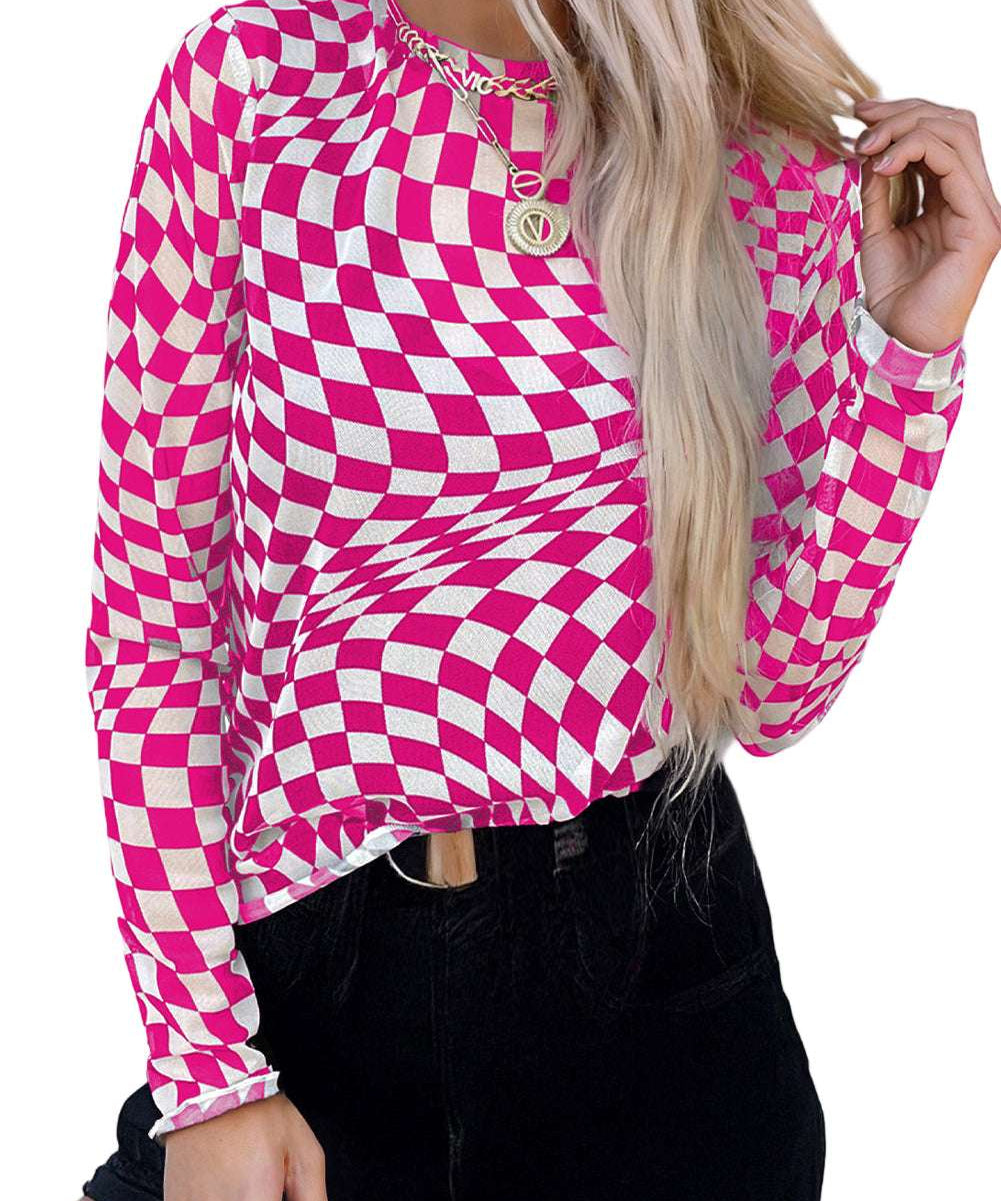 Black Checkered Pattern Mesh Mock Neck Long Sleeve Top