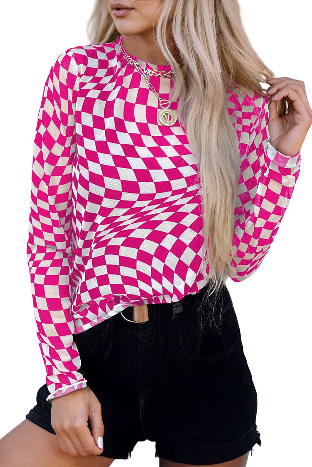 Black Checkered Pattern Mesh Mock Neck Long Sleeve Top